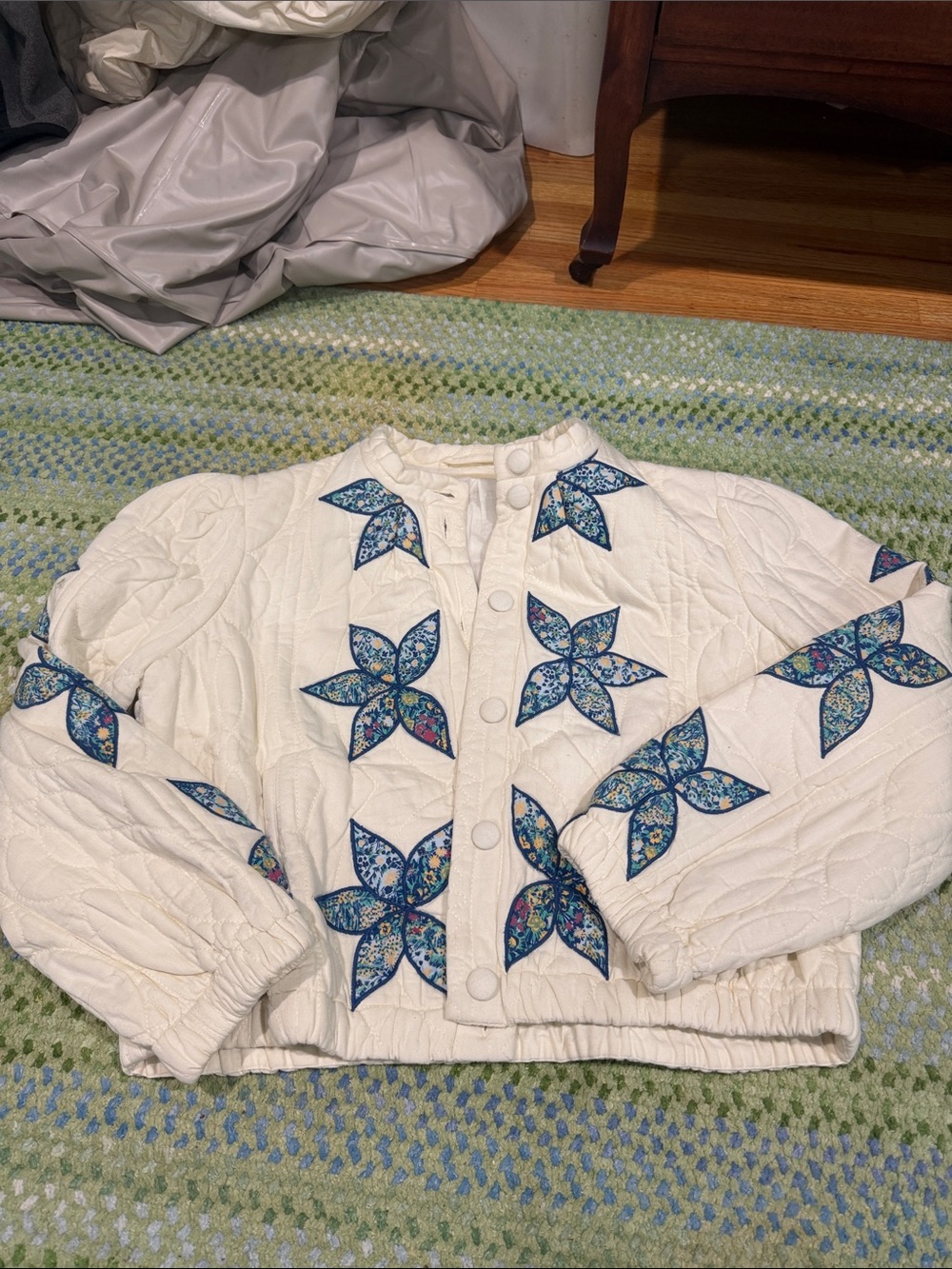 Free People Cream Quilted Jacket with Blue Floral Star Appliqués